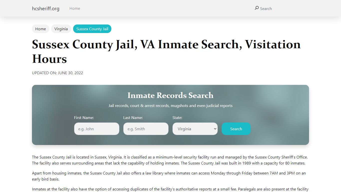 Sussex County Jail, VA Inmate Search, Visitation Hours